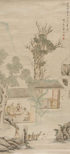 樊圻 丙辰（1676）年作 仿宋人读书图 立轴 设色纸本
