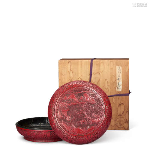 清 剔红「山水人物」御制诗文圆盖盒连日本木盒