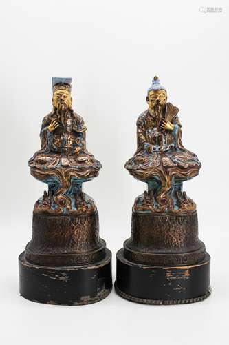 TWO CHINESE GILT ROBIN'S EGG GLAZED DAOIST FIGURES