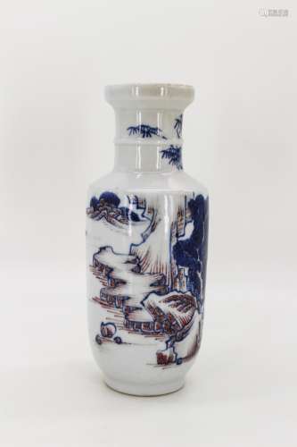 CHINESE BLUE WHITE IRON RED ROULEAU VASE