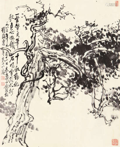 刘海粟 1983年作 古树 立轴 设色纸本