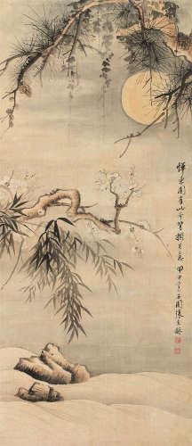 张克龢 甲申（1944）年作 明月松间照 立轴 设色绢本