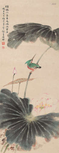 陆抑非 甲申（1944）年作 荷花小鸟 立轴 设色纸本