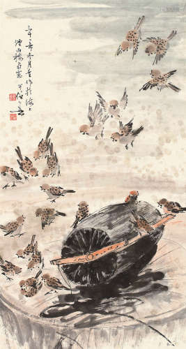 黄幻吾 三十一年（1942）年作 群雀 立轴 设色纸本
