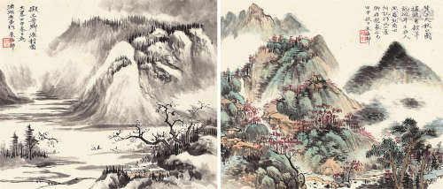 朱梅邨 甲申（1944）年作 秋山图 渔村图 (二帧) 镜片 设色纸本