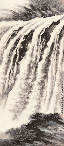 黄君璧 癸丑（1973）年作 飞瀑 镜片 设色纸本