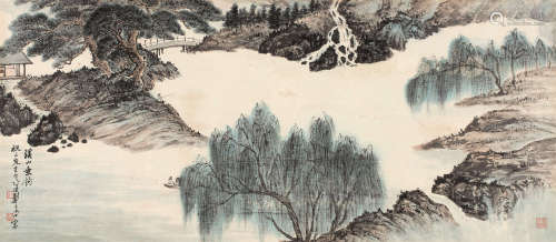 郑午昌 乙酉（1945）年作 溪山垂钓 镜片 设色纸本