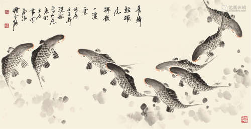 陈永锵 壬午（2002）年作 九鱼图 镜片 设色纸本