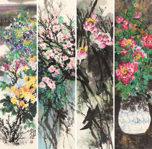 宋雨桂 辛巳（2001）年作 花卉 四屏 镜片 设色纸本