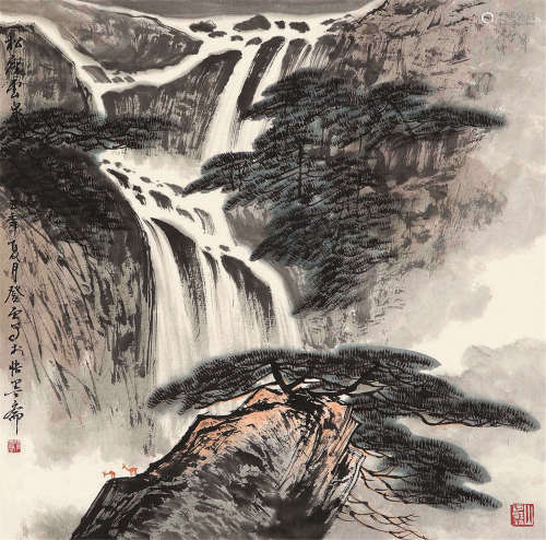 张登堂 乙丑（1985）年作 松瀑图 镜片 设色纸本