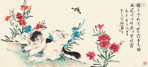 孙菊生 丙子（1996）年作 猫戏图 镜片 设色纸本