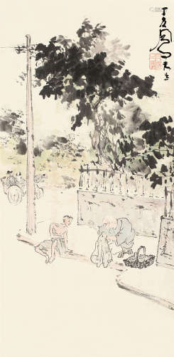 吕凤子 丁亥（1947）年作 补衣 立轴 设色纸本