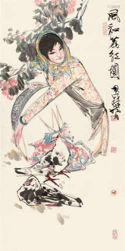 林墉 甲戌（1994）年作 风和荔红图 镜片 设色纸本