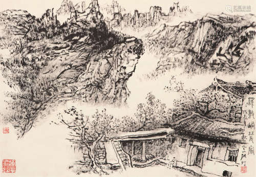 张仃 戊辰（1988）年作 罗敷峪农家 立轴 水墨纸本