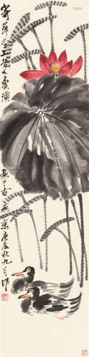 齐白石 庚辰（1940）年作 红荷双鸭 立轴 设色纸本
