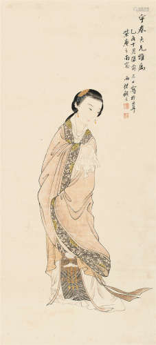 顾洛 乙酉（1825）年作 仕女 立轴 设色纸本