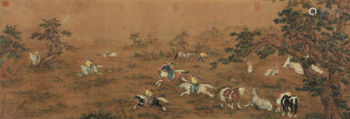 郎世宁（款） 乾隆二十五年（1760）年作 帝王狩猎图 镜片 设色绢本