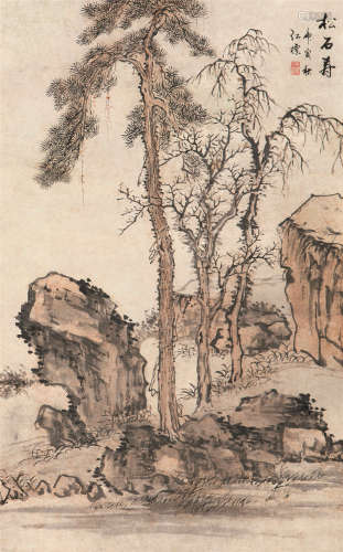 江标 庚寅（1890）年作 松石寿 立轴 设色纸本