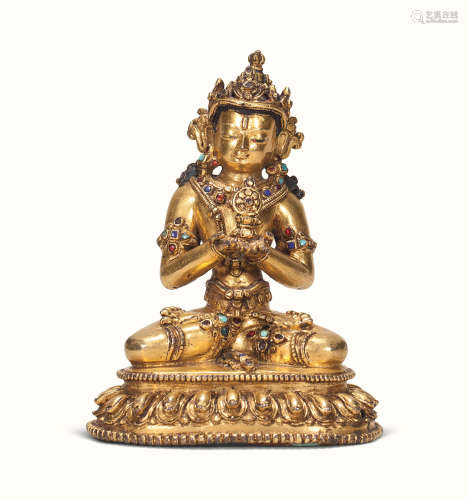 15世纪 西藏 铜鎏金尊胜顶佛坐像