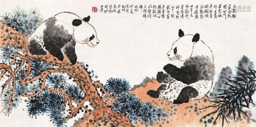 洪世清 熊猫 镜框 设色纸本