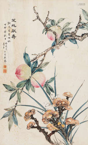 梅兰芳孟小冬 1927年作 芝桃献寿 立轴 设色纸本