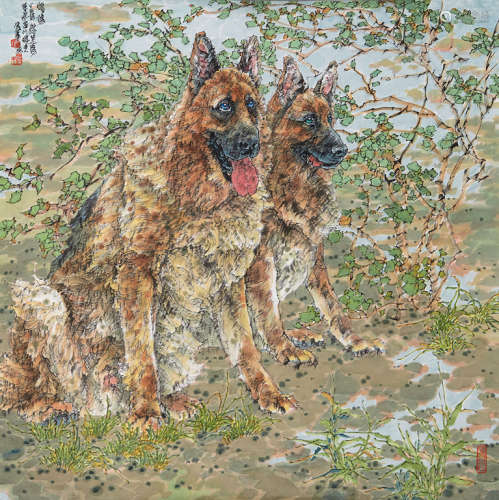 李蒸蒸 双犬 镜框 设色纸本