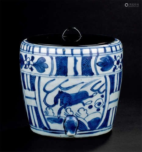 明代（1368-1644） 青花开光马纹香炉