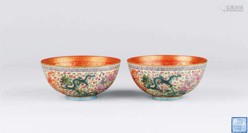 清代（1644-1911） 薄胎铜体粉彩龙纹碗