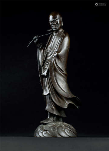 明代（1368-1644） 石叟铜错银达摩过江立像