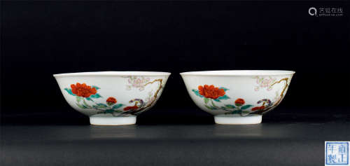 清代（1644-1911） 粉彩花卉牡丹碗 （一对）