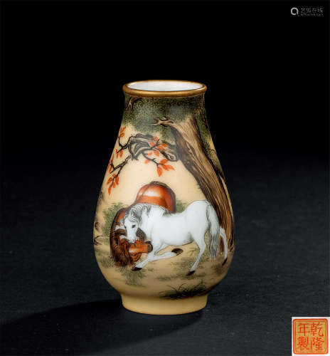 民国（1912-1949） 珐琅彩双马图小花瓶