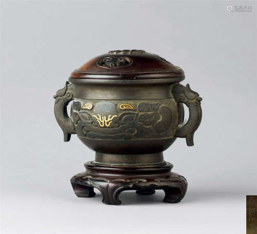 明末清初（1627-1684） 铜错金银饕餮纹双龙耳香炉