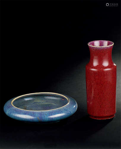 清代（1644-1911） 钧窑水盂 红釉花瓶 （二件一组）