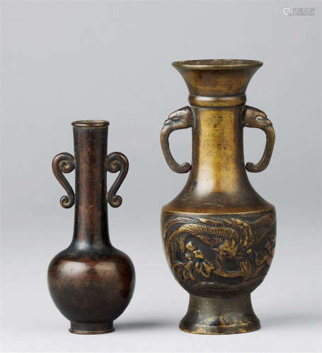 明代（1368-1644） 铜双龙耳小花插 铜花鸟纹双象耳小花插 （二件一组）
