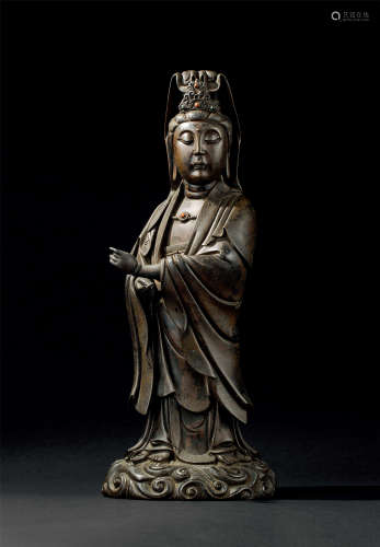 明代（1368-1644） 石叟铜错银观音立像