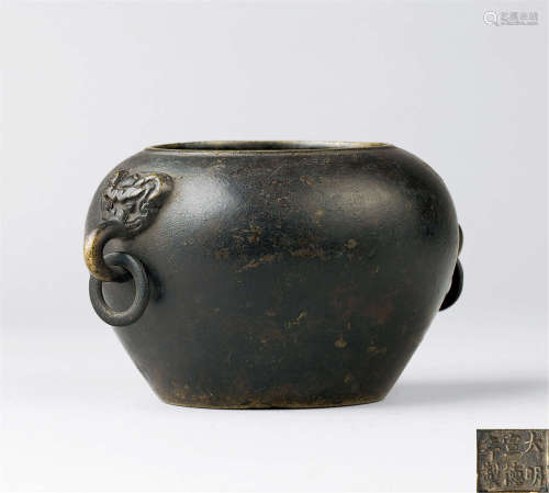明代-清代（1368-1911） 铜双兽耳香炉