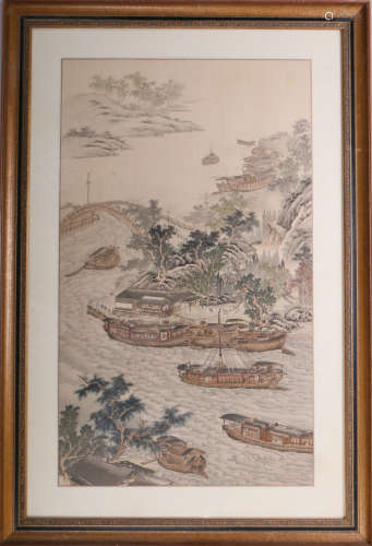 A Chinese Silk Painting with Landscape