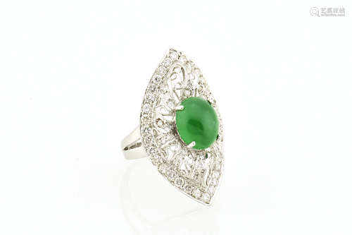 EMERALD GREEN JADEITE AND DIAMOND RING WITH GIA CERTIFICATE