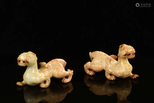 Pair of jade carved 'Mythical Beasts' figures
