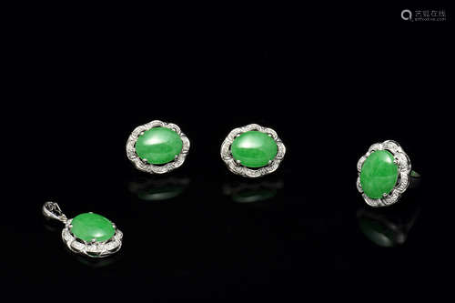 PAIR OF JADEITE AND DIAMOND EARRING AND MATCHING RING PENDANT WITH CERTIFICATE