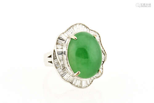 EMERALD GREEN JADEITE AND DIAMOND RING WITH GIA CERTIFICATE