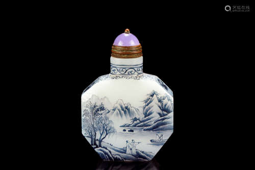 Blue and white glass 'Landscape' snuff bottle