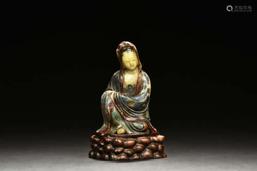 Shoushan Furong stone carved and painted Guanyin