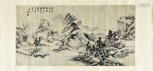 Shen Shichong: INK AND COLOR ON PAPER 'LANDSCAPE' PAINTING