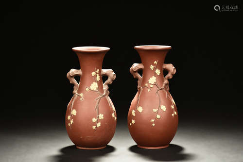 ZHU MINGQI, WANG ZHONGMING: PAIR OF YIXING 'PLUM FLOWERS' VASE WITH HANDLES