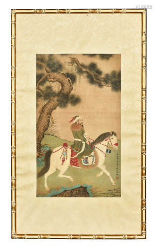 Yao Wenhan: framed ink and color on silk painting 'Horse Rider'