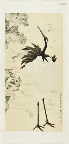 Yu Hui: ink and color on paper painting 'Crane'