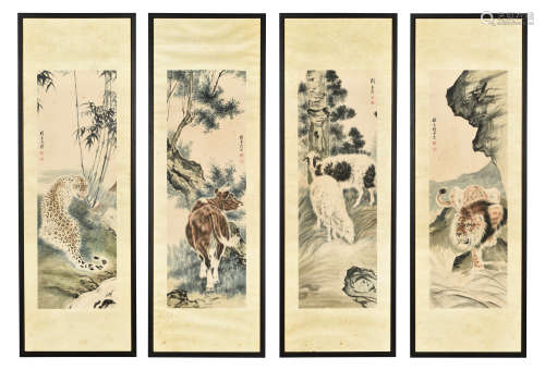 Liu Kuiling: Four framed ink and color on paper paintings 'Animals'