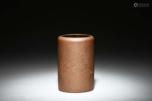 Yixing Zisha 'Flowers and Calligraphy' brush pot