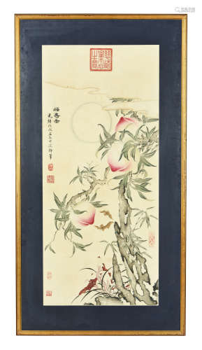 Empress Dowager Cixi: framed ink and color on paper painting 'Peaches'